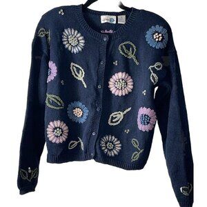 Paul Harris Design Womens Sweater S Embroidered ‎ Blue Floral Grandmacore